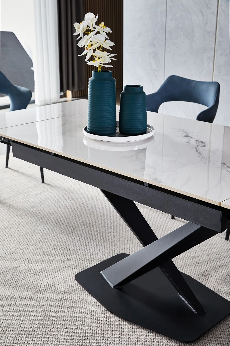 Modern and Extendable Sintered Stone Top Steel Base Dining Table